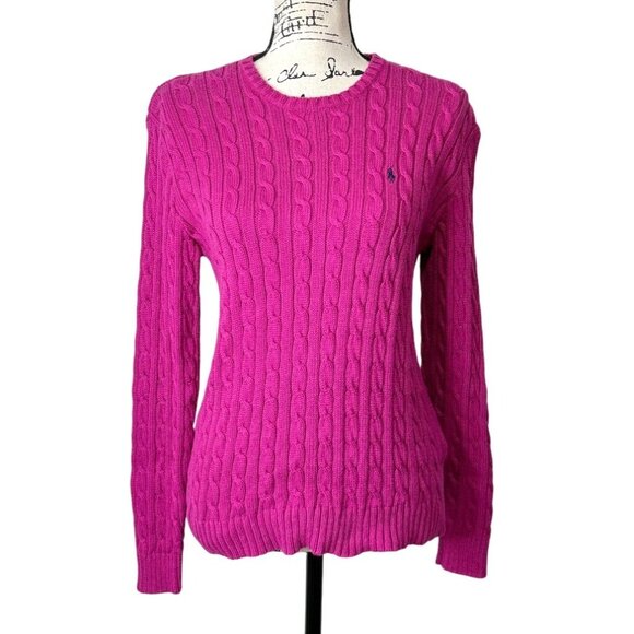 Ralph Lauren Sport Cable Knit Sweater Magenta Pink Pullover Cotton Womens Size M - Picture 1 of 8